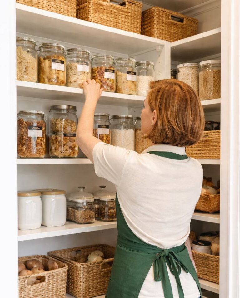 Professional home organiser gently sorting kitchen pantry shelves